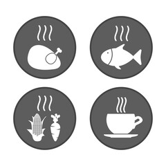 Hot food icons. Grill chicken, fish and vegetables. Hot coffee