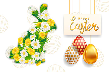 Happy Easter Rabbit from colorful spring flowers chamomile, dandelions, Colored Eggs banner template, lettering. Spring holiday poster, greeeting card, flyer vector, illustration