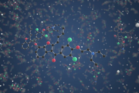 Molecule of Amiodarone. Molecular model, science related 3d rendering