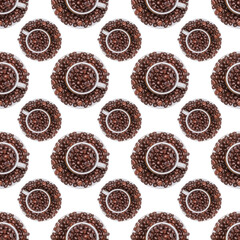 A white cup and saucer filled with roasted coffee beans. Seamless pattern. View from above.