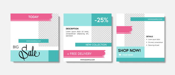 Clean, elegant square web banner for social media post. Instagram template with pink, green and blue design elements. Business layout for e-shop or seller. Place for photo, shop offer, sale
