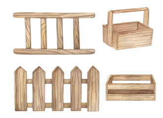 Watercolor wooden Gardening ladder, box and fence