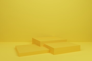 3D yellow empty display podium for product advertising on yellow background. 3D rendering of display podium and background.