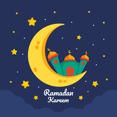 Obraz na płótnie Canvas Ramadan Kareem greeting card template. Illustration vector graphic. Design concept Mosque with crescent moon and stars in flat design cartoon style, Perfect for banner, Postcard social media