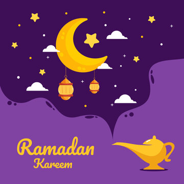 Ramadan Kareem greeting card template. Illustration vector graphic. Design concept lamp Aladdin with crescent moon and stars in flat design cartoon style, Perfect for banner, Postcard social media