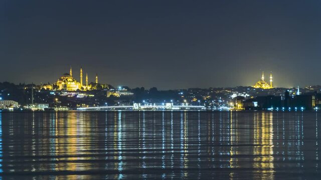 Blue Mosque and Hagia Sophia Timelapse in the night from Bosphorus 