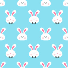 Cute rabbit face seamless pattern vector illustration. White bunny with bow tie pattern on blue background