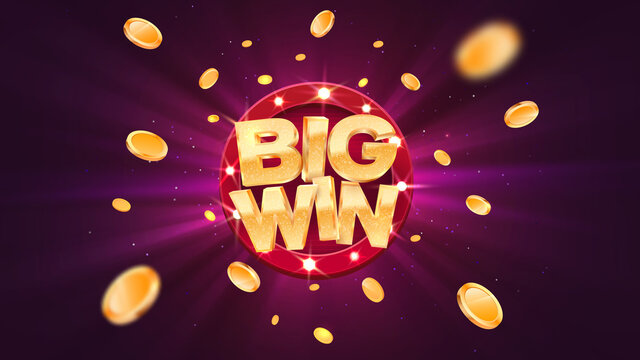 Big Win Gold Text On Retro Red Board Vector Banner. Win Congratulations In Frame Illustration For Casino Or Online Games. Explosion Coins On Purple Background.