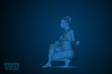Woman yoga fitness. Abstract consists 3d of triangles, lines, dots and connections. On a dark blue background cosmic universe stars. Vector illustration eps 10.