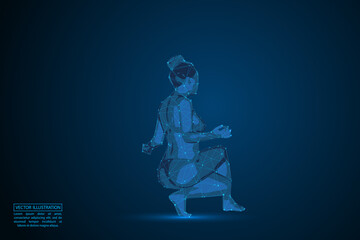 Woman yoga fitness. Abstract consists 3d of triangles, lines, dots and connections. On a dark blue background cosmic universe stars. Vector illustration eps 10.