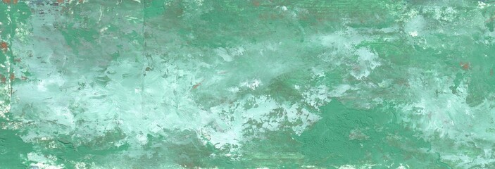 Abstract Background in green cold shades, painted with a brush and palette knife with oil paints. Textured, textured. Emerald, gray and white shades. Horizontal, elongated format.