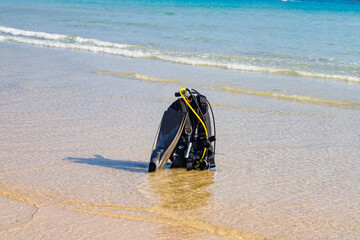 Underwater diving equipment on a tropical beach