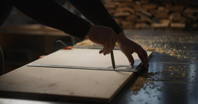 Carpenter marks out a plywood block before cutting it, furniture manufacturing, woodworking at craftsman's workshop, 4k 60p Prores 422 HQ 10 bit