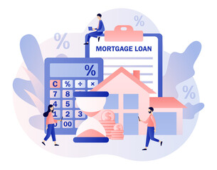 Fototapeta na wymiar Mortgage loan. House concept. Tiny people buying home and pay credit to bank. Investment money in real estate property. Modern flat cartoon style. Vector illustration on white background