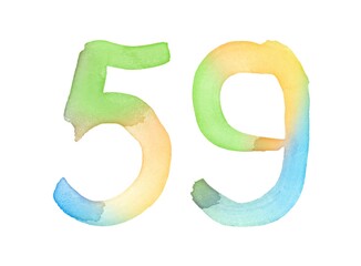 Watercolor numbers, hand-drawn by brush. Multicolor vintage symbol. Template for greetings, design, postcards, decoration.