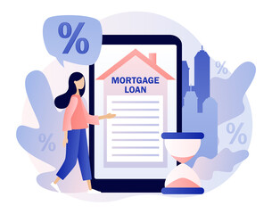 Mortgage loan online. House concept. Tiny woman buying home and pay credit to bank use smartphone. Investment money in real estate property. Modern flat cartoon style. Vector illustration 