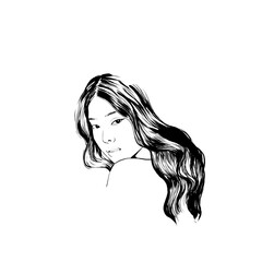 Line portrait of asian girl with long hair. Sketch art. Hand drawn illustration