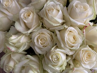 A large bouquet of blossoming flowers, close-up. Background texture: buds of white roses in a vase. Blooming spring flowers.