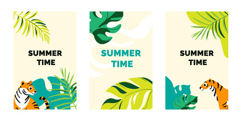 Fototapeta na wymiar Design templates in flat style. Social media banner with tiger and tropical leaves. Summer sale, media promotional content.