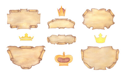 Watercolor Old vintage scroll papers. Banners Medieval royal ribbons.