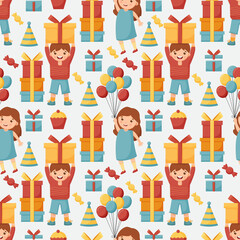 Fototapeta premium Birthday gift boxes, garlands flat vector seamless pattern. Hand drawn background for a party, holiday for children