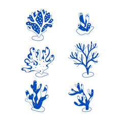 Different types of coral.  Design elements collection. Flat contour illustration.