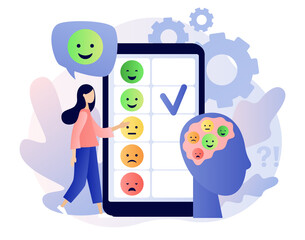 Emotions scale on smartphone screen. Mood concept. Tiny girl leave feedback online. Emoji set for mood tracker. Excellent, good and normal, bad and awful. Modern flat cartoon style.Vector illustration