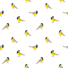 Seamless trendy pattern with chickadee. Cartoon illustration for prints, clothing, packaging and postcards.