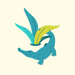 Cute crocodile with tropic leaves. Cartoon flat illustration.