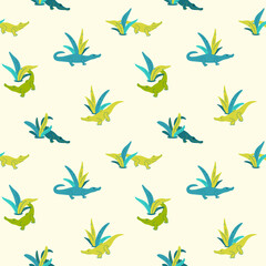Fototapeta na wymiar Simple seamless trendy pattern with cartoon crocodile and tropic leaves. Cartoon illustration.