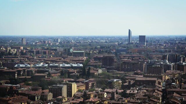 Wide view of the skyline of the city of Bologna seen from the top of the Asinelli tower towards the outside of the city