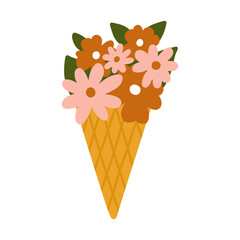 Waffle cone ice cream with floral bloom spring garden and wild bouquet flowers branches leaves illustration.