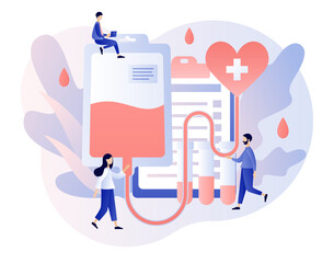 Blood donation concept. Tiny volunteers with nurses donating blood in hospital. Blood test or analysis. Clinical laboratory examination. Health care. Modern flat cartoon style. Vector illustration 