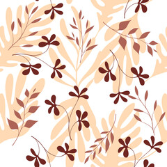 Simple seamless foliage pattern. Flat design print with different leaves. Background in beige and maroon color.