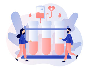 Blood donation concept. Tiny volunteers with nurses donating blood in hospital. Blood test or analysis. Clinical laboratory examination. Health care. Modern flat cartoon style. Vector illustration 