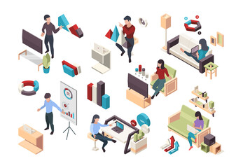 Online work. Live video streaming with remote office workers web conference businessman digital persons webinar garish vector isometric collection set. Online freelance remote workplace illustration