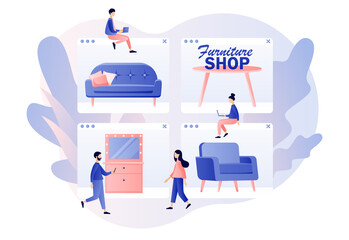 Naklejka premium Furniture and home accessories store. Tiny people shopping furniture and home decor online use smartphone or laptop. Sofa shop. Modern flat cartoon style. Vector illustration on white background