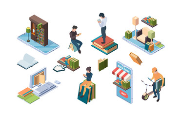 Online library. Isometric books people reading internet dictionary education concept icons garish vector illustrations. Isometric book library online, technology online
