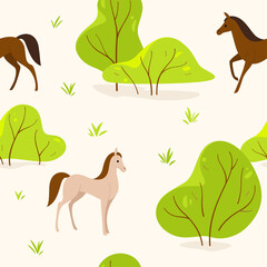 Cartoon seamless flat pattern with animal -  cute horses in forest. Illustration in colorful style.