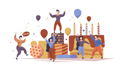 Festive characters. People celebrate party holding gifts standing near big cake garish vector concept background. Illustration party celebration, celebrate birthday