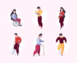 Disabled people. Damaged body parts human wheelchair garish medical concept characters. Illustration disabled person with leg prosthesis