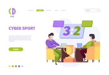 Cybersport landing. Online games digital tournament computer and console for video games garish vector web template. Tournament online cybersport, competition championship illustration