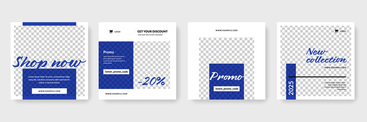 Creative sale social media templates, editable instagram and facebook post layouts with blue accent, classic blue background