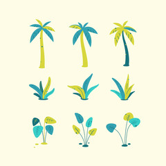 Fototapeta na wymiar Different types of palm tree and tropical leaves. Flat line illustration.