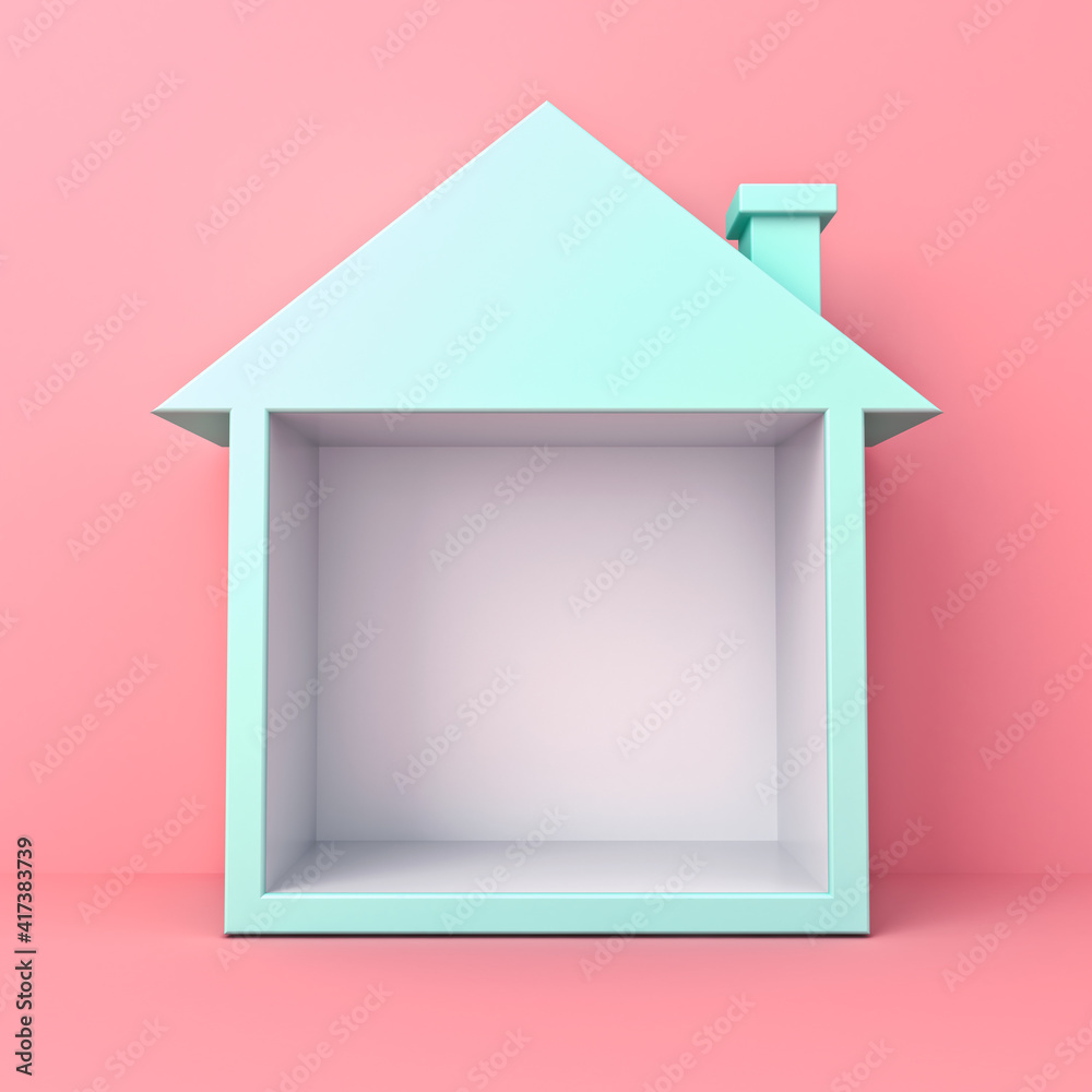 Poster blue pastel color exhibition booth blank display house box stand isolated on pink pastel color backg