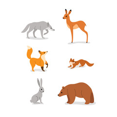 Icon set of forest animals -  wolf, marten, fox, hare, bear, fawn. Flat design illustration in cartoon style.
