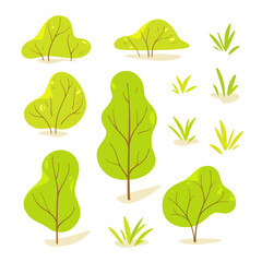 Different types of green trees and bushes. Flat line illustration.