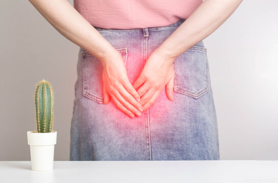 A cactus on the background of a woman in a denim skirt is holding her anus with her hands. Bowel problems, constipation and diarrhea concept. Obstructed bowel syndrome