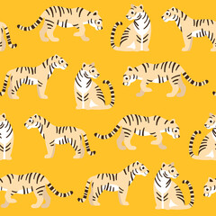 Cartoon happy tiger- seamless trendy pattern with animal in various poses. Flat design print for prints, clothing, packaging and postcards. 