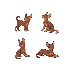 Cartoon dog icon set. Different poses of toy terrier. Illustration for prints, clothing, packaging, stickers.